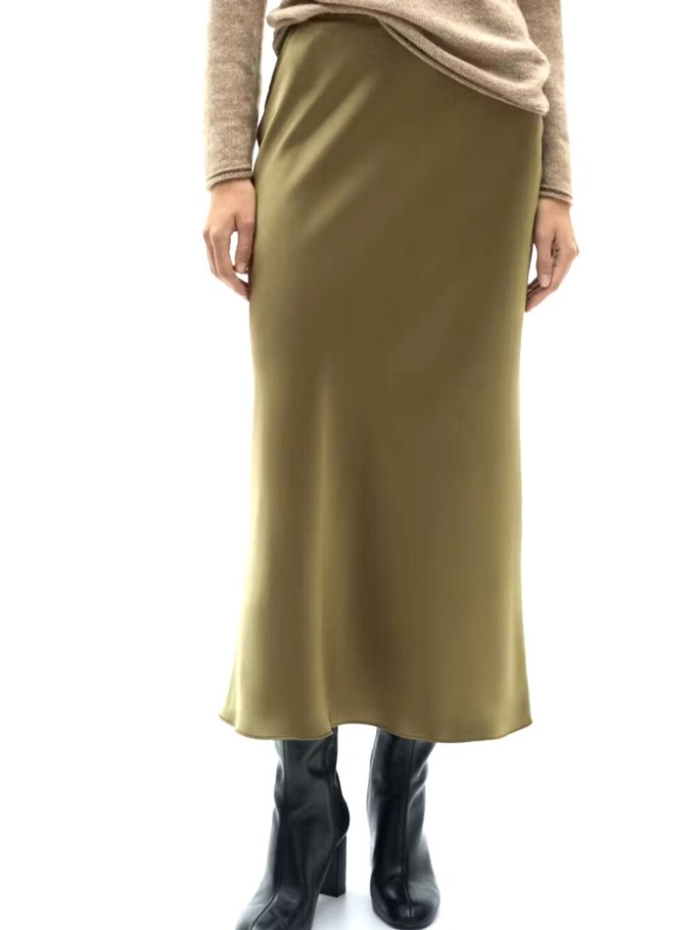Mango Satin Midi Skirt M • Green A-Line • Elastic Waist Fluid Skirt
